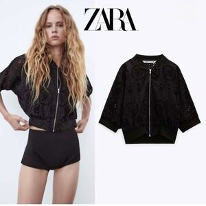 Zara Medium Black Embroidered Eyelet Bomber Jacket Zip Front Dolman 3/4 Sleeves